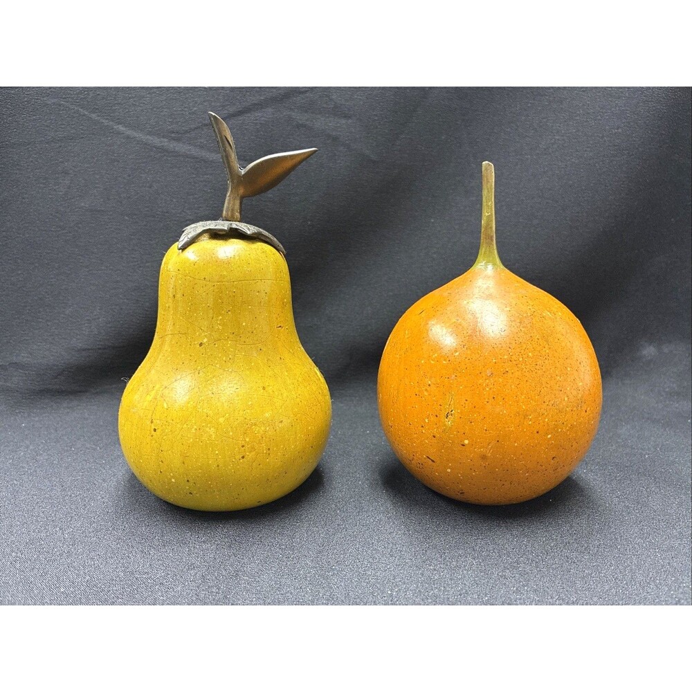 Wooden Realistic Orange & Pear Carved Leaf Set/2 Rustic Cottage Granny Farmhouse